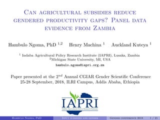 Can agricultural subsidies reduce
gendered productivity gaps? Panel data
evidence from Zambia
Hambulo Ngoma, PhD 1,2 Henry Machina 1 Auckland Kuteya 1
1 Indaba Agricultural Policy Research Institute (IAPRI), Lusaka, Zambia
2Michigan State University, MI, USA
hambulo.ngoma@iapri.org.zm
Paper presented at the 2nd
Annual CGIAR Gender Scientiﬁc Conference
25-28 September, 2018, ILRI Campus, Addis Ababa, Ethiopia
Hambulo Ngoma, PhD Input subsidies and gender Gender conference 2018 1 / 21
 