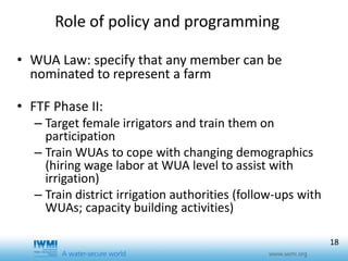 Effects of training duration and the role of gender on farm participation in water user associations in Southern Tajikistan: Implications for irrigation management