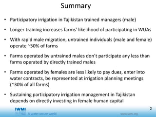 Effects of training duration and the role of gender on farm participation in water user associations in Southern Tajikistan: Implications for irrigation management