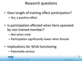 Effects of training duration and the role of gender on farm participation in water user associations in Southern Tajikistan: Implications for irrigation management