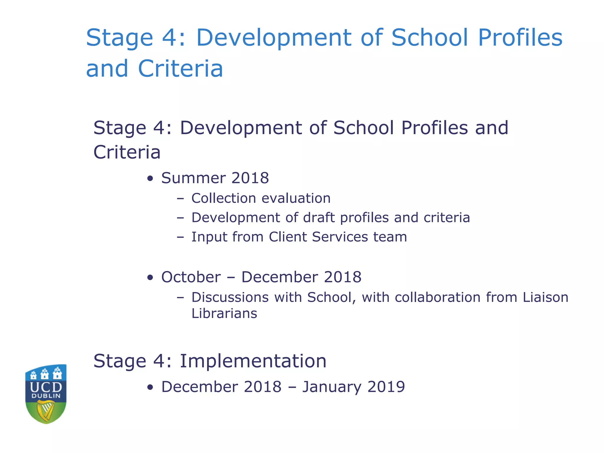 Stage 4: Development of School Profiles
and Criteria
Stage 4: Development of School Profiles and
Criteria
• Summer 2018
– Collection evaluation
– Development of draft profiles and criteria
– Input from Client Services team
• October – December 2018
– Discussions with School, with collaboration from Liaison
Librarians
Stage 4: Implementation
• December 2018 – January 2019
 