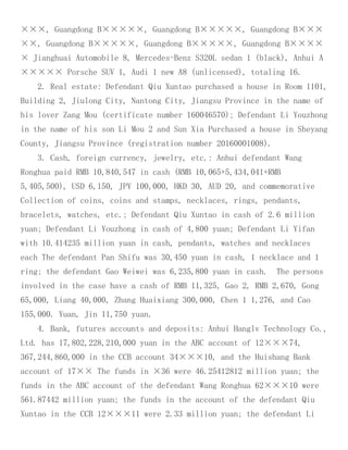 ×××, Guangdong B×××××, Guangdong B×××××, Guangdong B×××
××, Guangdong B×××××, Guangdong B×××××, Guangdong B××××
× Jianghuai Automobile 8, Mercedes-Benz S320L sedan 1 (black), Anhui A
××××× Porsche SUV 1, Audi 1 new A8 (unlicensed), totaling 16.
2. Real estate: Defendant Qiu Xuntao purchased a house in Room 1101,
Building 2, Jiulong City, Nantong City, Jiangsu Province in the name of
his lover Zang Mou (certificate number 160046570); Defendant Li Youzhong
in the name of his son Li Mou 2 and Sun Xia Purchased a house in Sheyang
County, Jiangsu Province (registration number 20160001008).
3. Cash, foreign currency, jewelry, etc.: Anhui defendant Wang
Ronghua paid RMB 10,840,547 in cash (RMB 10,065+5,434,041+RMB
5,405,500), USD 6,150, JPY 100,000, HKD 30, AUD 20, and commemorative
Collection of coins, coins and stamps, necklaces, rings, pendants,
bracelets, watches, etc.; Defendant Qiu Xuntao in cash of 2.6 million
yuan; Defendant Li Youzhong in cash of 4,800 yuan; Defendant Li Yifan
with 10.414235 million yuan in cash, pendants, watches and necklaces
each The defendant Pan Shifu was 30,450 yuan in cash, 1 necklace and 1
ring; the defendant Gao Weiwei was 6,235,800 yuan in cash. The persons
involved in the case have a cash of RMB 11,325, Gao 2, RMB 2,670, Gong
65,000, Liang 40,000, Zhang Huaixiang 300,000, Chen 1 1,276, and Cao
155,000. Yuan, Jin 11,750 yuan.
4. Bank, futures accounts and deposits: Anhui Hanglv Technology Co.,
Ltd. has 17,802,228,210,000 yuan in the ABC account of 12×××74,
367,244,860,000 in the CCB account 34×××10, and the Huishang Bank
account of 17×× The funds in ×36 were 46.25412812 million yuan; the
funds in the ABC account of the defendant Wang Ronghua 62×××10 were
561.87442 million yuan; the funds in the account of the defendant Qiu
Xuntao in the CCB 12×××11 were 2.33 million yuan; the defendant Li
 