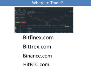 Bitfinex.com
Binance.com
Bittrex.com
HitBTC.com
Where to Trade?
 