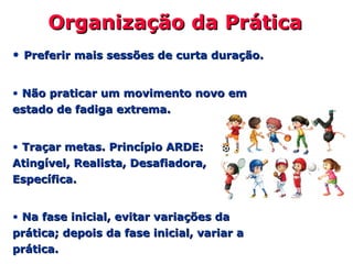 Organização da PráticaOrganização da Prática
• Preferir mais sessões de curta duração.Preferir mais sessões de curta duração.
• Não praticar um movimento novo emNão praticar um movimento novo em
estado de fadiga extrema.estado de fadiga extrema.
• Traçar metas. Princípio ARDE:Traçar metas. Princípio ARDE:
Atingível, Realista, Desafiadora,Atingível, Realista, Desafiadora,
Específica.Específica.
• Na fase inicial, evitar variações daNa fase inicial, evitar variações da
prática; depois da fase inicial, variar aprática; depois da fase inicial, variar a
prática.prática.
 