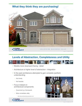 What they think they are purchasing!
35Copyright 2018 by Data Blueprint Slide #
Levels of Abstraction, Completeness and Utility
36Copyright 2018 by Data Blueprint Slide #
• Models more downward facing - detail
• Architecture is higher level of abstraction - integration
• In the past architecture attempted to gain complete (perfect)
understanding
– Not timely
– Not feasible
• Focus instead on  
architectural components
– Governed by a framework
– More immediate utility
• http://www.architecturalcomponentsinc.com
 
