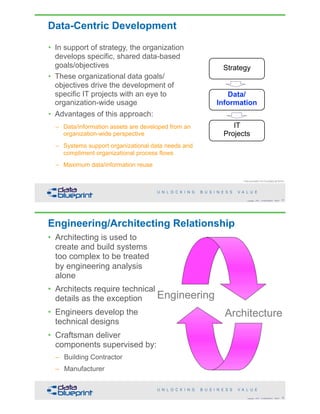 Data-Centric Development
Original articulation from Doug Bagley @ Walmart
51Copyright 2018 by Data Blueprint Slide #
IT 
Projects
Data/ 
Information
 
Strategy
• In support of strategy, the organization
develops specific, shared data-based
goals/objectives
• These organizational data goals/
objectives drive the development of
specific IT projects with an eye to
organization-wide usage
• Advantages of this approach:
– Data/information assets are developed from an
organization-wide perspective
– Systems support organizational data needs and
compliment organizational process flows
– Maximum data/information reuse
Engineering
Architecture
Engineering/Architecting Relationship
• Architecting is used to
create and build systems
too complex to be treated
by engineering analysis
alone
• Architects require technical
details as the exception
• Engineers develop the
technical designs
• Craftsman deliver
components supervised by:
– Building Contractor
– Manufacturer
Copyright 2018 by Data Blueprint Slide # 52
 