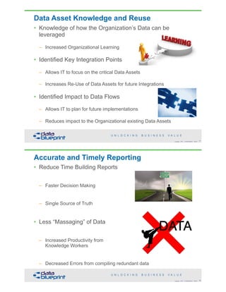 Data Asset Knowledge and Reuse
• Knowledge of how the Organization’s Data can be
leveraged
– Increased Organizational Learning
• Identified Key Integration Points
– Allows IT to focus on the critical Data Assets
– Increases Re-Use of Data Assets for future Integrations
• Identified Impact to Data Flows
– Allows IT to plan for future implementations
– Reduces impact to the Organizational existing Data Assets
77Copyright 2018 by Data Blueprint Slide #
• Reduce Time Building Reports
– Faster Decision Making
– Single Source of Truth
• Less “Massaging” of Data
– Increased Productivity from  
Knowledge Workers
– Decreased Errors from compiling redundant data
Accurate and Timely Reporting
78Copyright 2018 by Data Blueprint Slide #
DATA
 