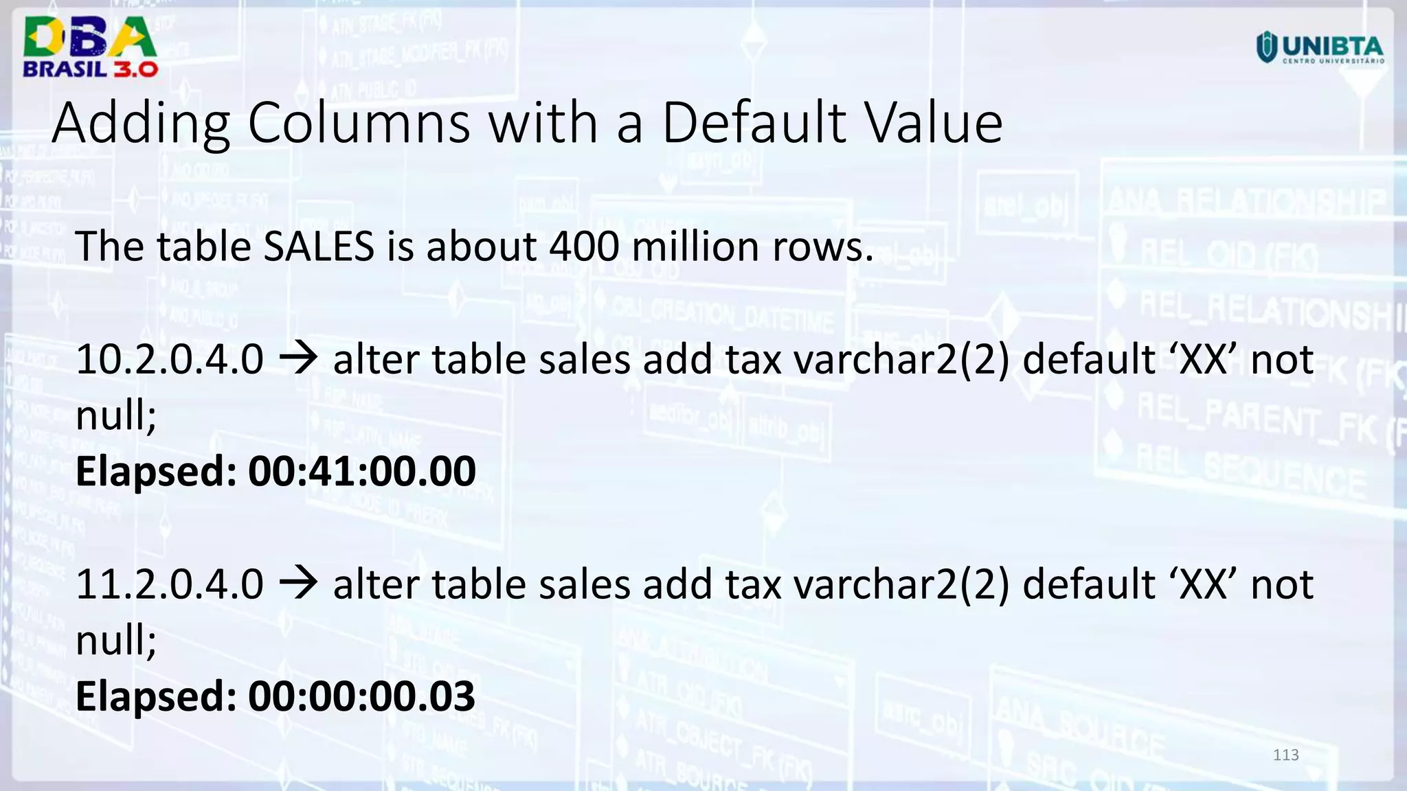 113 Adding Columns with a Default Value The table SALES is about 400 million rows. 10.2.0.4.0  alter table sales add tax varchar2(2) default ‘XX’ not null; Elapsed: 00:41:00.00 11.2.0.4.0  alter table sales add tax varchar2(2) default ‘XX’ not null; Elapsed: 00:00:00.03 