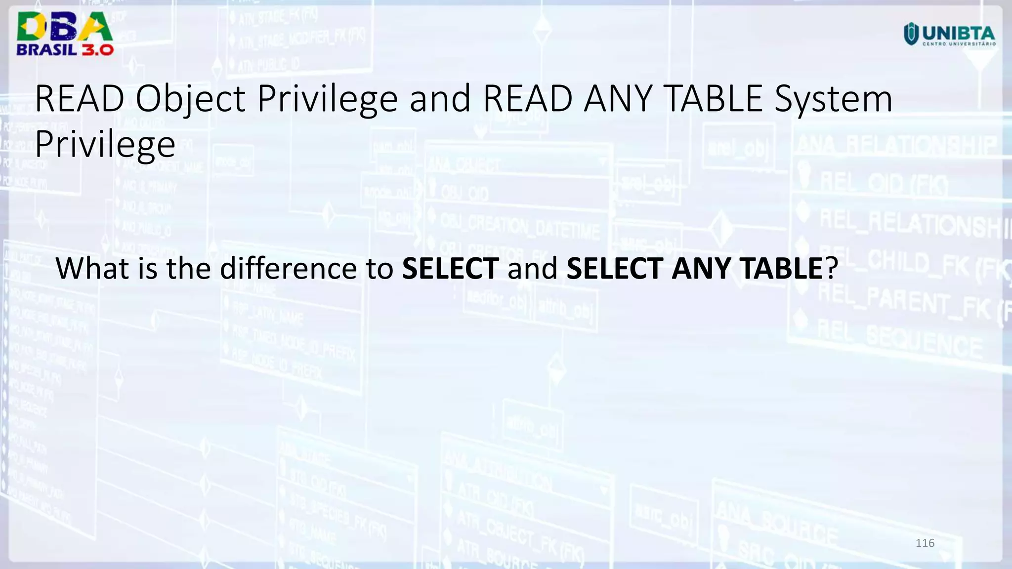 116 READ Object Privilege and READ ANY TABLE System Privilege What is the difference to SELECT and SELECT ANY TABLE? 
