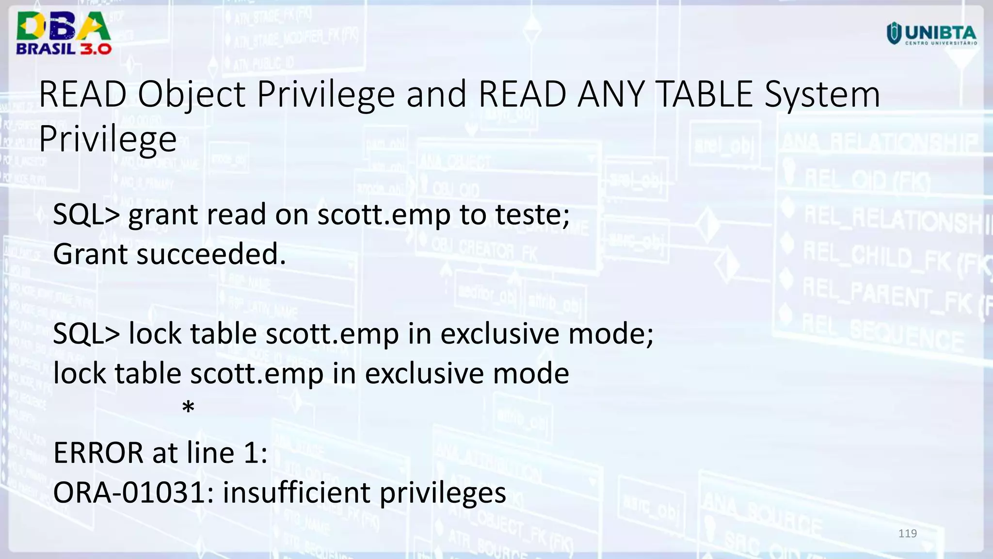 119 SQL> grant read on scott.emp to teste; Grant succeeded. SQL> lock table scott.emp in exclusive mode; lock table scott.emp in exclusive mode * ERROR at line 1: ORA-01031: insufficient privileges READ Object Privilege and READ ANY TABLE System Privilege 