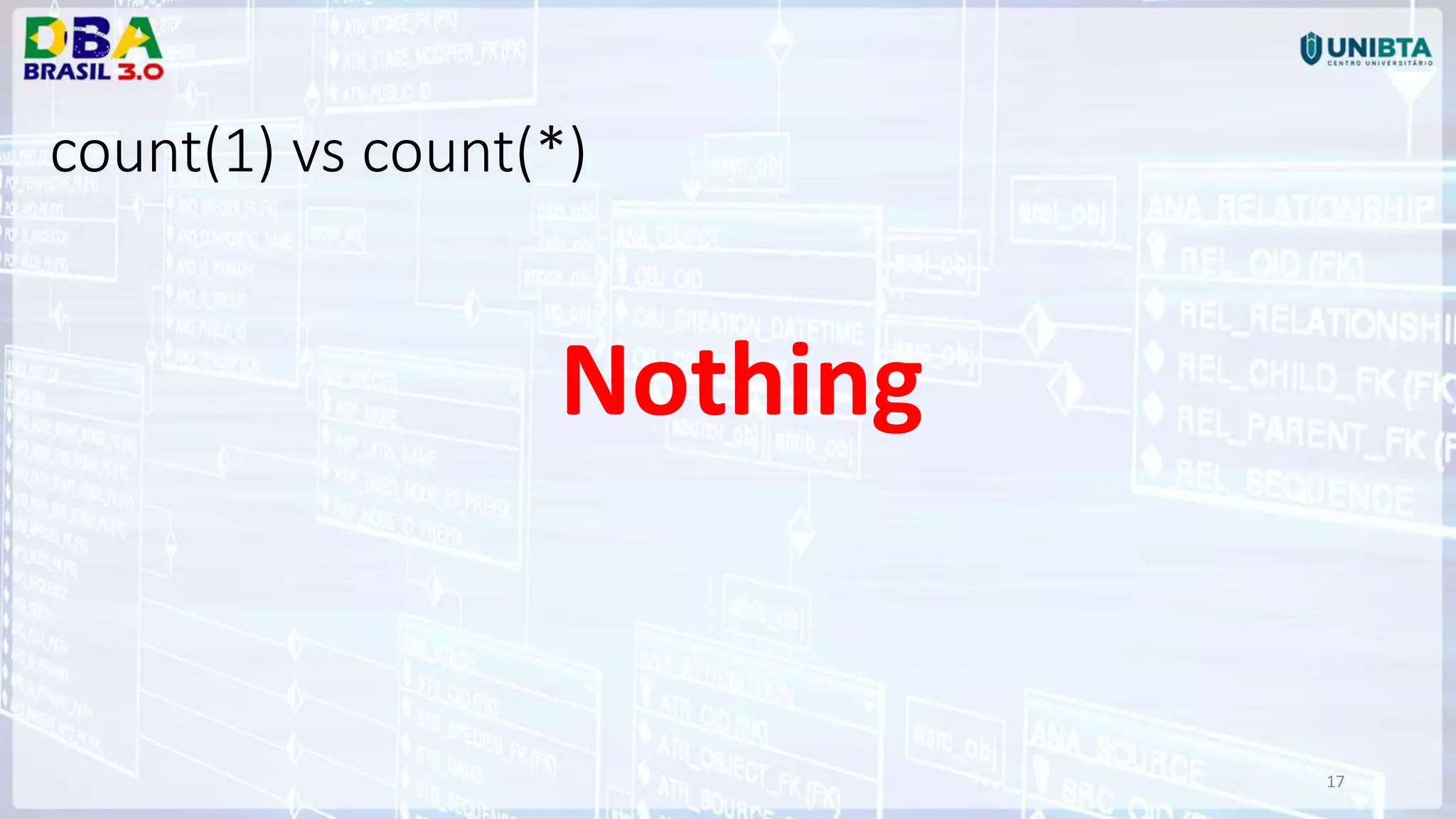 17 Nothing count(1) vs count(*) 