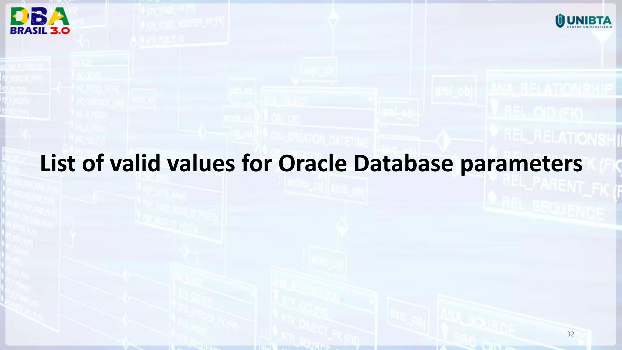 32 List of valid values for Oracle Database parameters 