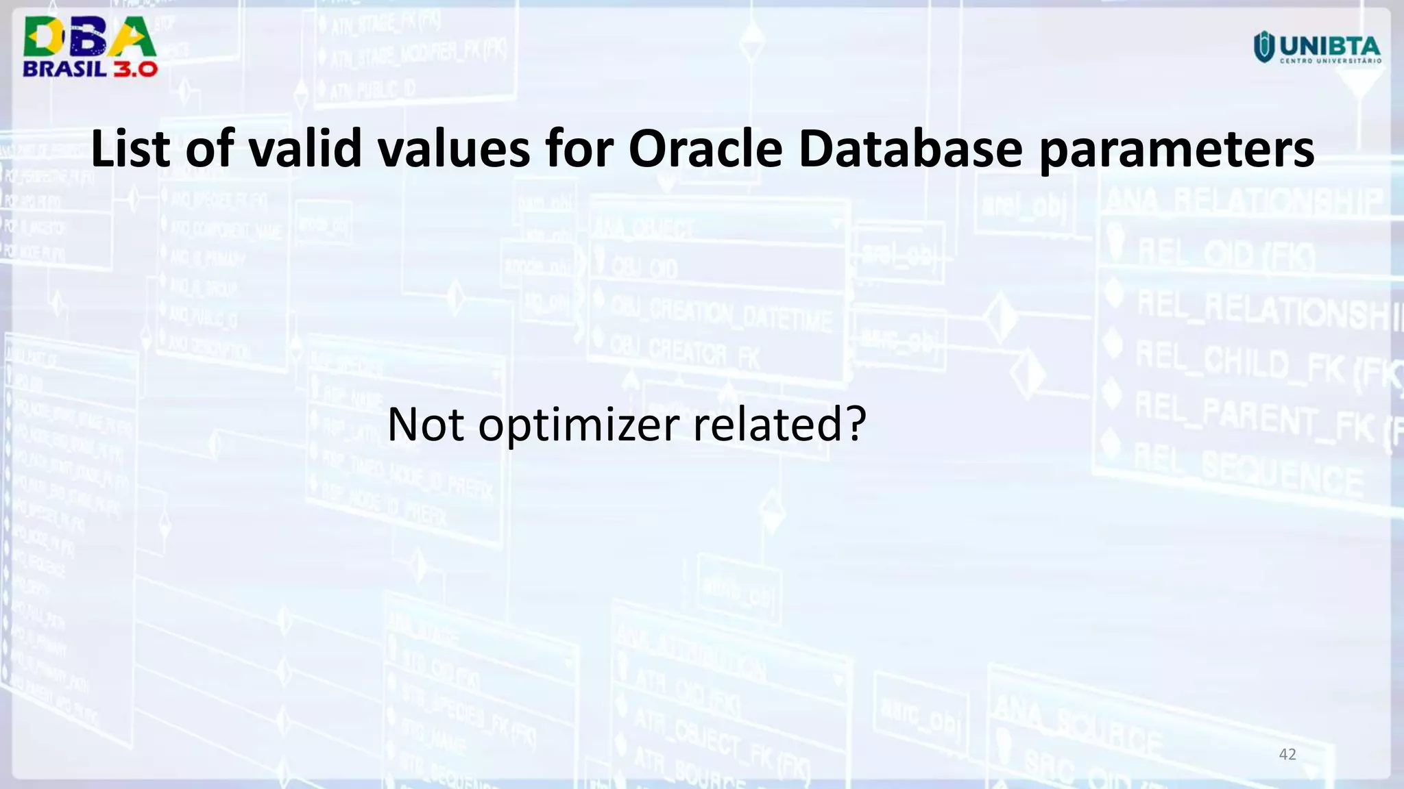 42 List of valid values for Oracle Database parameters Not optimizer related? 
