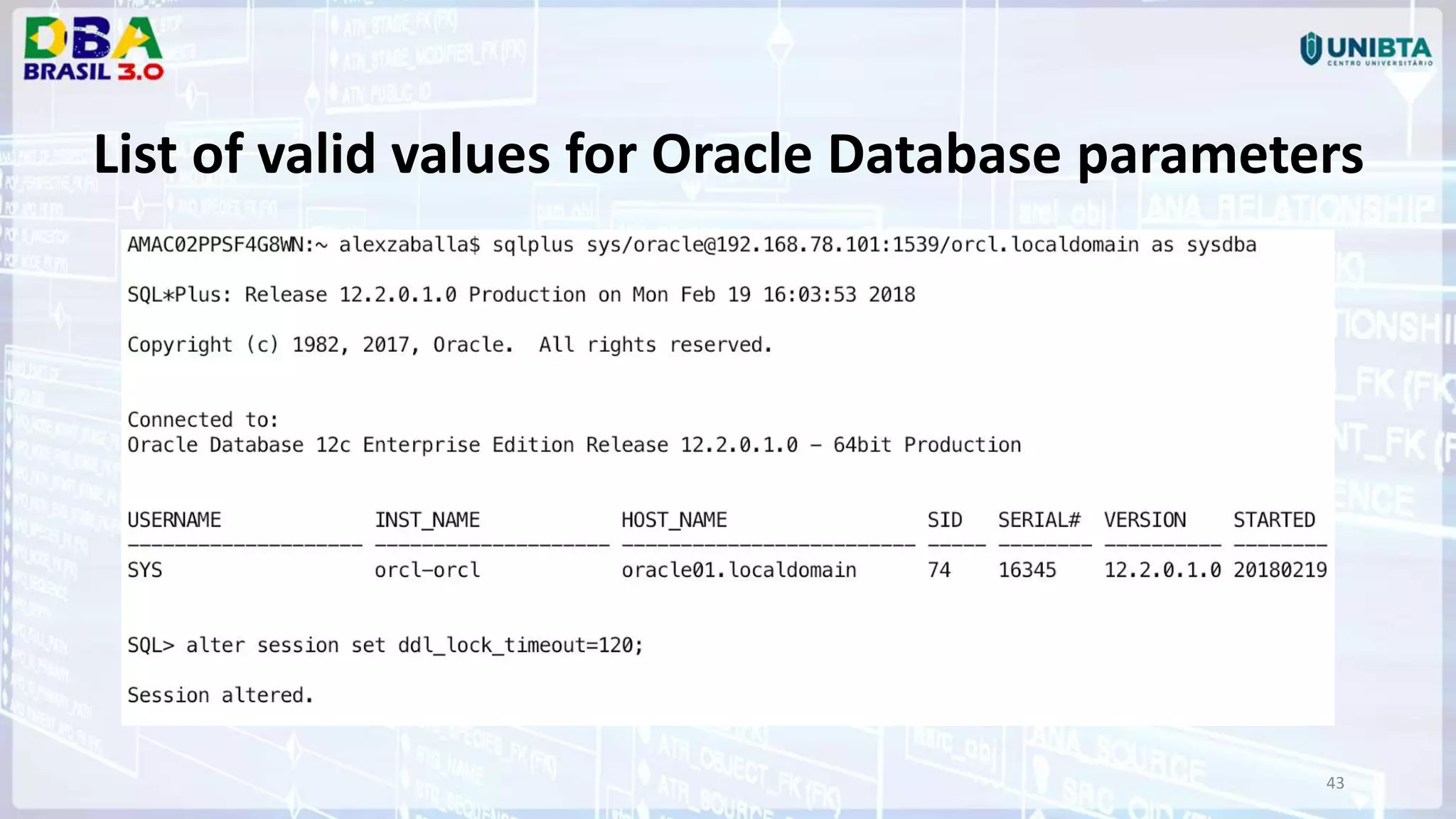 43 List of valid values for Oracle Database parameters 