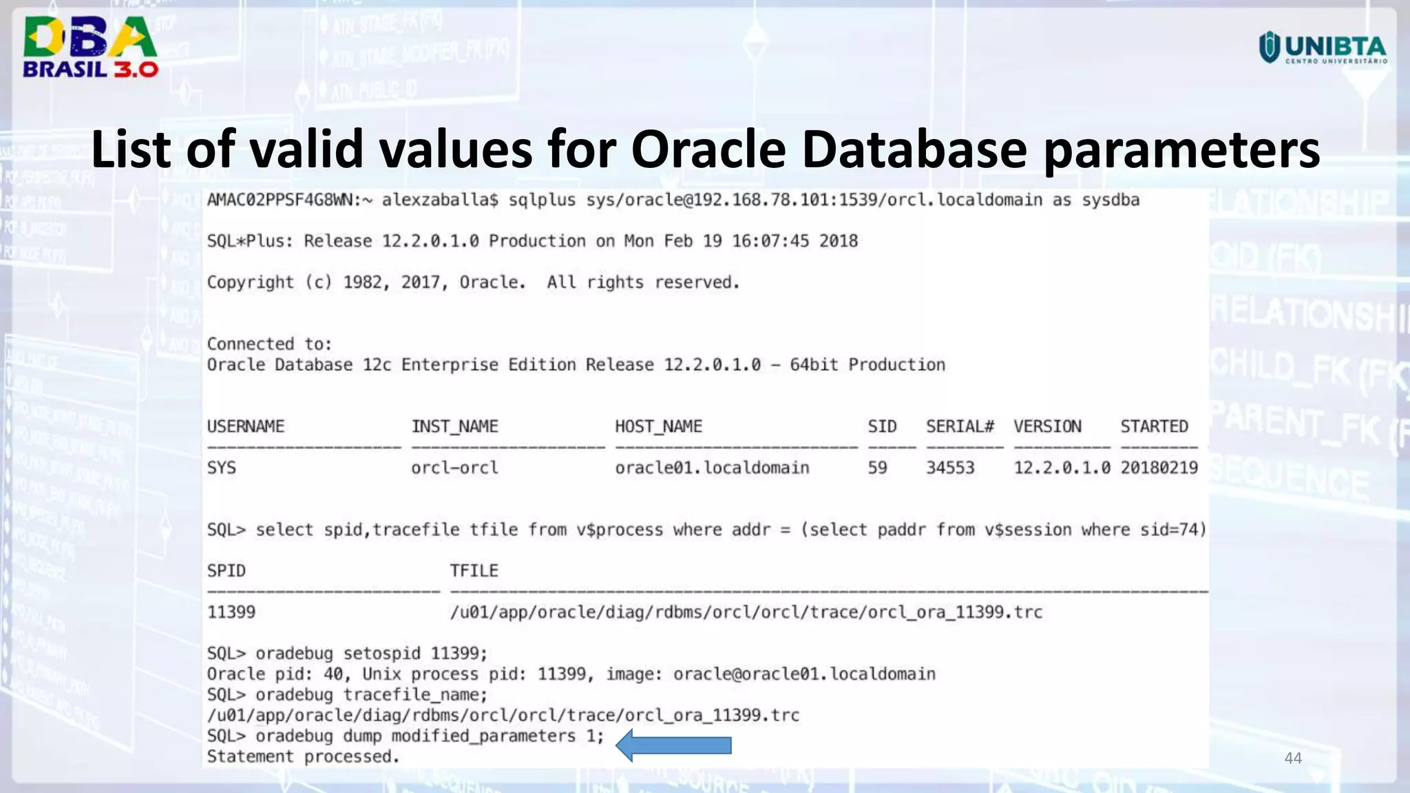 44 List of valid values for Oracle Database parameters 