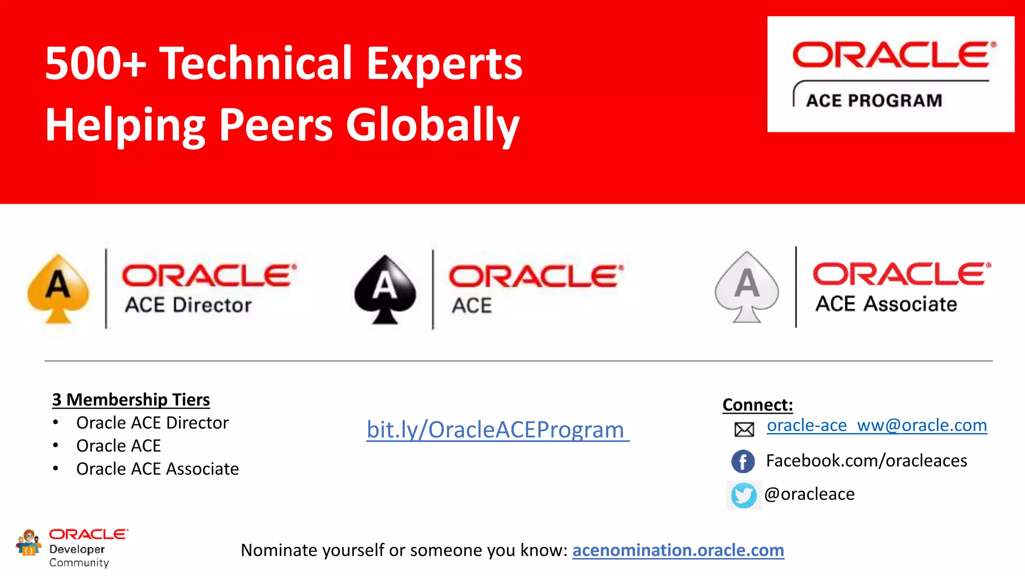 5 5 3 Membership Tiers • Oracle ACE Director • Oracle ACE • Oracle ACE Associate bit.ly/OracleACEProgram 500+ Technical Experts Helping Peers Globally Connect: Nominate yourself or someone you know: acenomination.oracle.com @oracleace Facebook.com/oracleaces oracle-ace_ww@oracle.com 