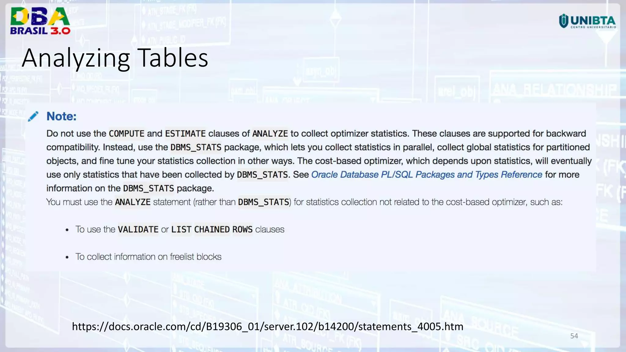 54 Analyzing Tables https://docs.oracle.com/cd/B19306_01/server.102/b14200/statements_4005.htm 