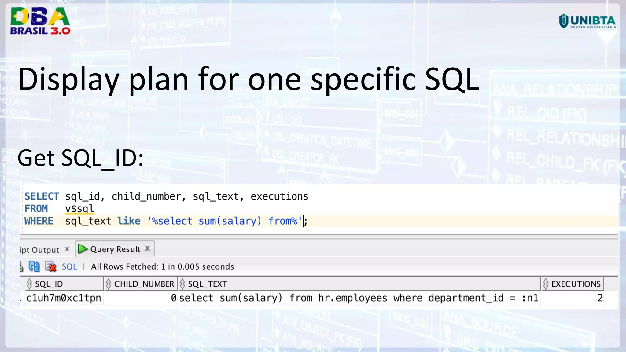 Display plan for one specific SQL Get SQL_ID: 