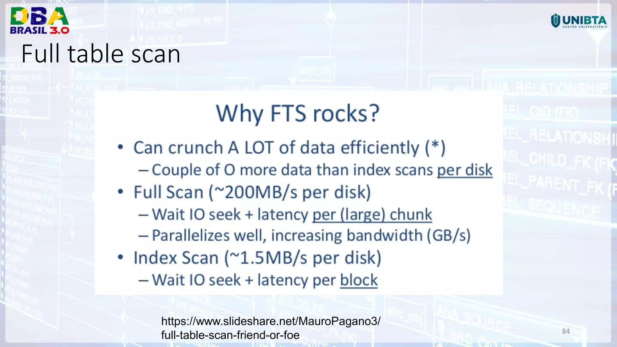 84 https://www.slideshare.net/MauroPagano3/ full-table-scan-friend-or-foe Full table scan 