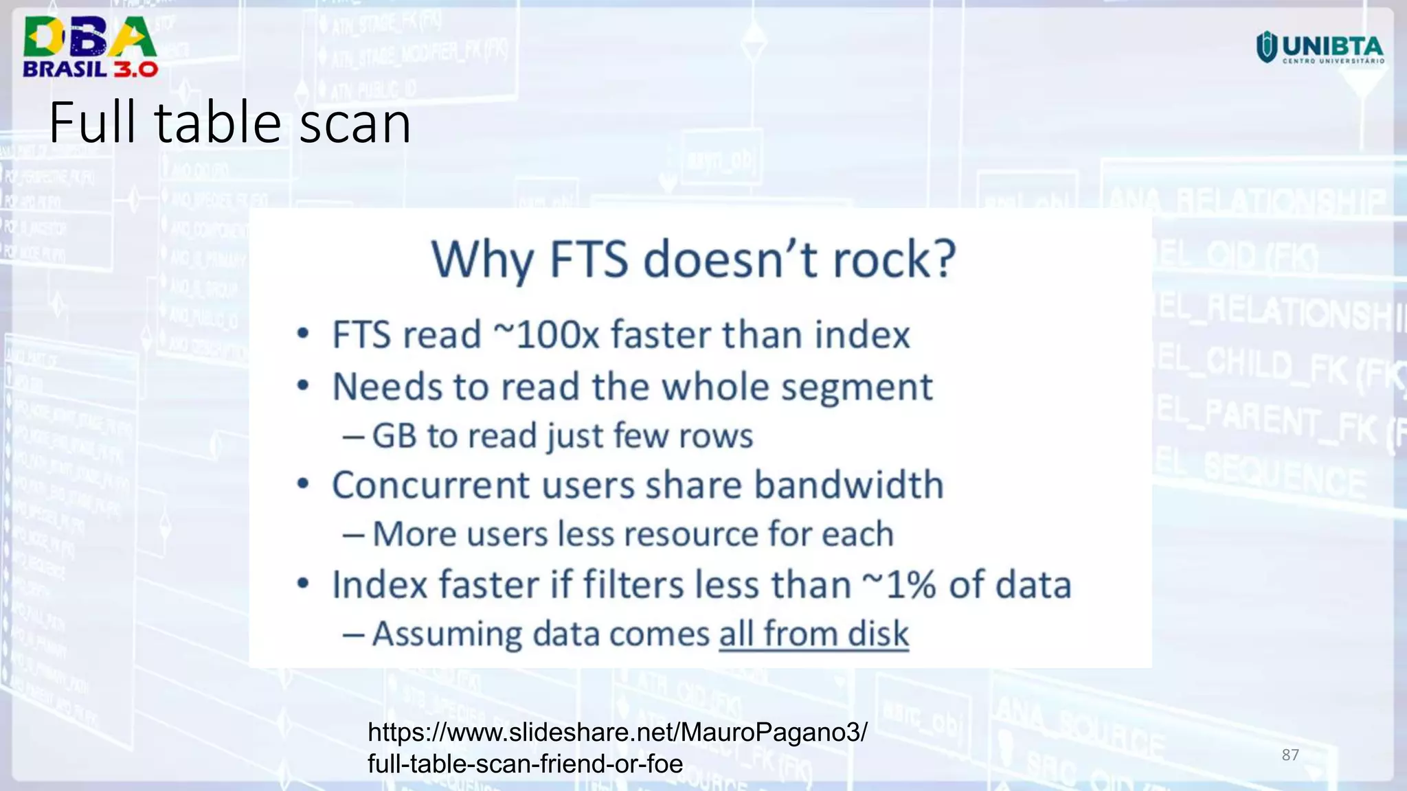 87 https://www.slideshare.net/MauroPagano3/ full-table-scan-friend-or-foe Full table scan 