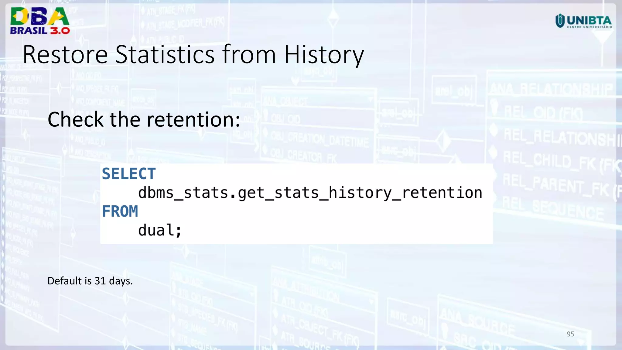 95 Restore Statistics from History Check the retention: Default is 31 days. 