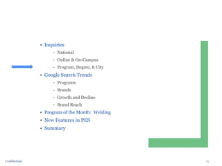 11Confidential
▪ Inquiries
National
Online & On-Campus
Program, Degree, & City
▪ Google Search Trends
Programs
Brands
Growth and Decline
Brand Reach
▪ Program of the Month: Welding
▪ New Features in PES
▪ Summary
 