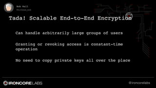 @ironcorelabs
Bob Wall
@bithead_bob
Tada! Scalable End-to-End Encryption
Can handle arbitrarily large groups of users
Gran...