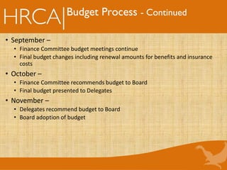 Budget Process - Continued
• September –
• Finance Committee budget meetings continue
• Final budget changes including renewal amounts for benefits and insurance
costs
• October –
• Finance Committee recommends budget to Board
• Final budget presented to Delegates
• November –
• Delegates recommend budget to Board
• Board adoption of budget
 
