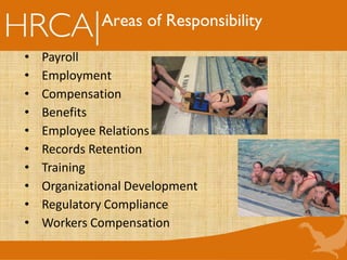 Areas of Responsibility
• Payroll
• Employment
• Compensation
• Benefits
• Employee Relations
• Records Retention
• Training
• Organizational Development
• Regulatory Compliance
• Workers Compensation
 