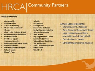 Community Partners
CURRENT PARTNERS
• Alphagraphics
• Allied Exteriors
• Arma Dei Academy
• Cherry Hills Community
Church
• Cherry Hills Christian School
• Children’s Hospital Colorado
• Coldwell Banker
• Davidsons Liquors
• Groove Automotive
• Highlands Ranch Metro District
• HindmanSanchez
• Littleton Adventist Hospital
• Lotus Jewelers
• Nicolo’s Pizza
• SolarCity
• Pro Disposal
• Raising Cane’s
• Renewal by Andersen
• Rocky Mountain Catering
• Schomp Automotive
• Shea Homes
• Sky Ridge Medical Center
• Symmetrix Solutions
• Tattered Cover Book Store
• The Melting Pot
• Valor Christian High School
• Whole Foods
• Wind Crest
Annual Sponsor Benefits:
• Marketing in the facilities
• Advertising in the Activity Guide
• Logo recognition on flyers,
newsletter and Activity Guide
• Participation in events
• $148,000 Sponsorship Revenue
 
