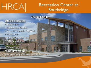 Recreation Center at
Southridge
72,000 Sq. Ft.
Special Features
• Auditorium
• Commercial Kitchen
• Current Channel – Log Walk
• Fitness Pool
• Pools – Kid’s Play Area
• Pottery Studio
• Senior Lounge
• Tennis Courts
Major Programs
• Art – Cooking – Pottery - Volleyball
 