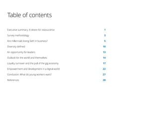 Table of contents
Executive summary: A desire for reassurance 	 1
Survey methodology	 3
Are millennials losing faith in business?	 5
Diversity defined 	 10
An opportunity for leaders	 13
Outlook for the world and themselves 	 14
Loyalty, turnover and the pull of the gig economy	 17
Empowerment and development in a digital world	 22
Conclusion: What do young workers want?	 27
References	 28
 
