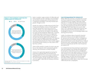 23	 2018 Deloitte Millennial Survey
tasks or analysis. Large numbers of millennials and
those members of Gen Z already in the workplace
are, therefore, already aware of how Industry 4.0
is shaping the workplace—and they foresee even
greater change to come.
Overall, the majority of millennials (and half of Gen
Z respondents) believe Industry 4.0 will augment
their jobs, giving them more time to focus on
creative, “human,” and value-added work. A little
more than one-fifth do not expect to be affected,
but many do feel threatened. While only 17 percent
of millennials expect Industry 4.0 to replace all
or part of their jobs, this increases to 32 percent
tasks or analysis. Large numbers of millennials and
those members of Gen Z already in the workplace
are, therefore, already aware of how Industry 4.0
is shaping the workplace—and they foresee even
greater change to come.
Overall, the majority of millennials (and half of Gen
Z respondents) believe Industry 4.0 will augment
their jobs, giving them more time to focus on
creative, “human,” and value-added work. A little
more than one-fifth do not expect to be affected,
but many do feel threatened. While only 17 percent
of millennials expect Industry 4.0 to replace all
or part of their jobs, this increases to 32 percent
among those whose organizations already use
Industry 4.0 technologies extensively. The response
was also higher for respondents who frequently
use social media (29 percent). These results suggest
that familiarity with Industry 4.0 may inspire more
fear than comfort.
There is little variation in levels of concern over job
loss or role reduction when assessed by gender,
seniority, size of business or levels of loyalty.
Industry 4.0 is generally regarded as having the
potential to positively affect the workforce by
freeing people from the routine and mundane and
opening up more creative and fulfilling activities.
For this to happen, though, people need support—
and once again, millennials are looking to business
to provide it.
Lack of preparedness for Industry 4.0
While millennials and Gen Z recognize the current
and future importance of Industry 4.0, many feel
unprepared for the changes it will bring. Fewer
than four in 10 millennials (36 percent) and three
in 10 Gen Z currently in work (29 percent) believe
they are fully prepared and have all the skills and
knowledge they’ll need. Most are unsure, while
one in 10 (11 percent of millennials, 8 percent Gen
Z) fear they lack all of the necessary skills and
knowledge as Industry 4.0 increasingly shapes their
working environments.
Levels of confidence about having the required
skill set for Industry 4.0 are higher among men
(41 percent) and members of senior management
teams (52 percent) and lower among women (30
percent) and those in junior (28 percent) or midlevel
(32 percent) roles. Interestingly, though, those who
feel most prepared also feel the most threatened
by Industry 4.0.
It is noteworthy that those working in organizations
that have adopted more flexible working practices
(47 percent) or have diverse senior management
teams (45 percent) have higher levels of confidence
over Industry 4.0, as do those intending to remain
longest with their employers (42 percent). These
findings support the idea that business leaders
who take a holistic approach to running their
organizations are better able to retain and motivate
millennial and Gen Z employees.
Figure 21. More employers could help their
people prepare for Industry 4.0
Q35. Is your organization helping you understand and prepare for the changes
of Industry 4.0?
Base: All millennials 10,455, all Gen Z in work 682
Yes No Don’t know
42%
45%
13%
36%
49%
15%
Percent of all millennials
whose organizations are
helping them prepare for
the changes of Industry 4.0
Percent of all working Gen Z
whose organizations are
helping them prepare for the
changes of Industry 4.0
 