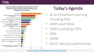 3
Today’s Agenda
• AI and Machine Learning
including NLG
• AMPs and PWAs
• DMPs including CDPs
• CRO
• GDPR
• RACE Lifecycle optimization
Smart Insights 2018 Digital marketing trends article
 