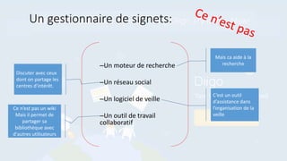 Un gestionnaire de signets:
–Un moteur de recherche
–Un réseau social
–Un logiciel de veille
–Un outil de travail
collaboratif
Mais ca aide à la
recherche
Discuter avec ceux
dont on partage les
centres d'intérêt.
C’est un outil
d’assistance dans
l’organisation de la
veille
Ce n’est pas un wiki
Mais il permet de
partager sa
bibliothèque avec
d'autres utilisateurs
 