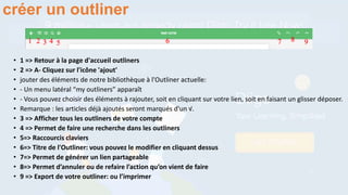 • 1 => Retour à la page d'accueil outliners
• 2 => A- Cliquez sur l'icône 'ajout'
• jouter des éléments de notre bibliothèque à l'Outliner actuelle:
• - Un menu latéral “my outliners” apparaît
• - Vous pouvez choisir des éléments à rajouter, soit en cliquant sur votre lien, soit en faisant un glisser déposer.
• Remarque : les articles déjà ajoutés seront marqués d'un √.
• 3 => Afficher tous les outliners de votre compte
• 4 => Permet de faire une recherche dans les outliners
• 5=> Raccourcis claviers
• 6=> Titre de l'Outliner: vous pouvez le modifier en cliquant dessus
• 7=> Permet de générer un lien partageable
• 8=> Permet d’annuler ou de refaire l’action qu’on vient de faire
• 9 => Export de votre outliner: ou l’imprimer
créer un outliner
 