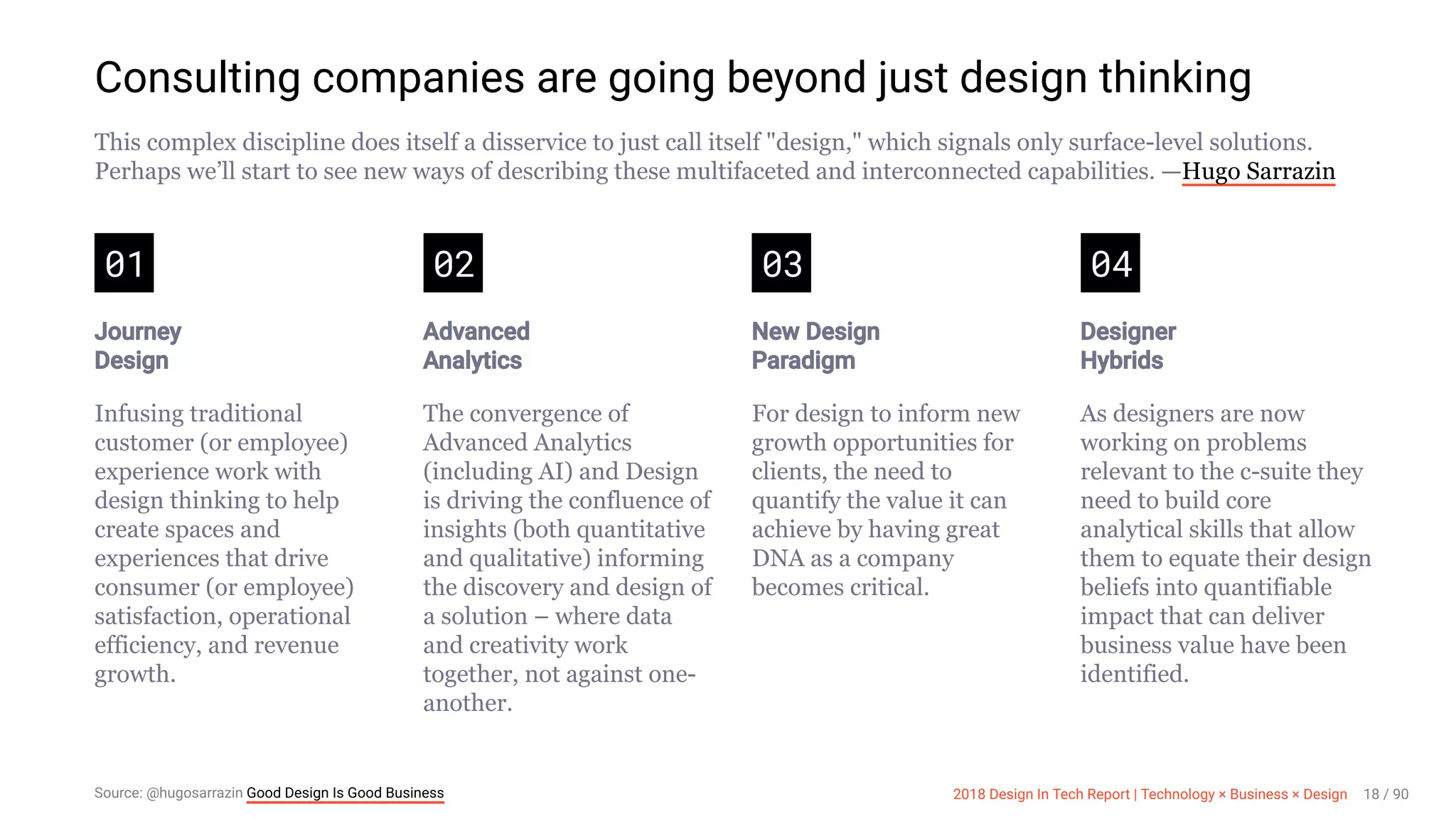 3/10/2018 2018 Design In Tech Report
http://jmmbp001.local:5757/?ckcachecontrol=1520689902#16 18/90
Consulting companies are going beyond just design thinking
This complex discipline does itself a disservice to just call itself "design," which signals only surface-level solutions.
Perhaps we’ll start to see new ways of describing these multifaceted and interconnected capabilities. —Hugo Sarrazin
01
Journey
Design
Infusing traditional
customer (or employee)
experience work with
design thinking to help
create spaces and
experiences that drive
consumer (or employee)
satisfaction, operational
efficiency, and revenue
growth.
02
Advanced
Analytics
The convergence of
Advanced Analytics
(including AI) and Design
is driving the confluence of
insights (both quantitative
and qualitative) informing
the discovery and design of
a solution – where data
and creativity work
together, not against one-
another.
03
New Design
Paradigm
For design to inform new
growth opportunities for
clients, the need to
quantify the value it can
achieve by having great
DNA as a company
becomes critical.
04
Designer
Hybrids
As designers are now
working on problems
relevant to the c-suite they
need to build core
analytical skills that allow
them to equate their design
beliefs into quantifiable
impact that can deliver
business value have been
identified.
Source: @hugosarrazin Good Design Is Good Business 2018 Design In Tech Report | Technology × Business × Design 18 / 90
 