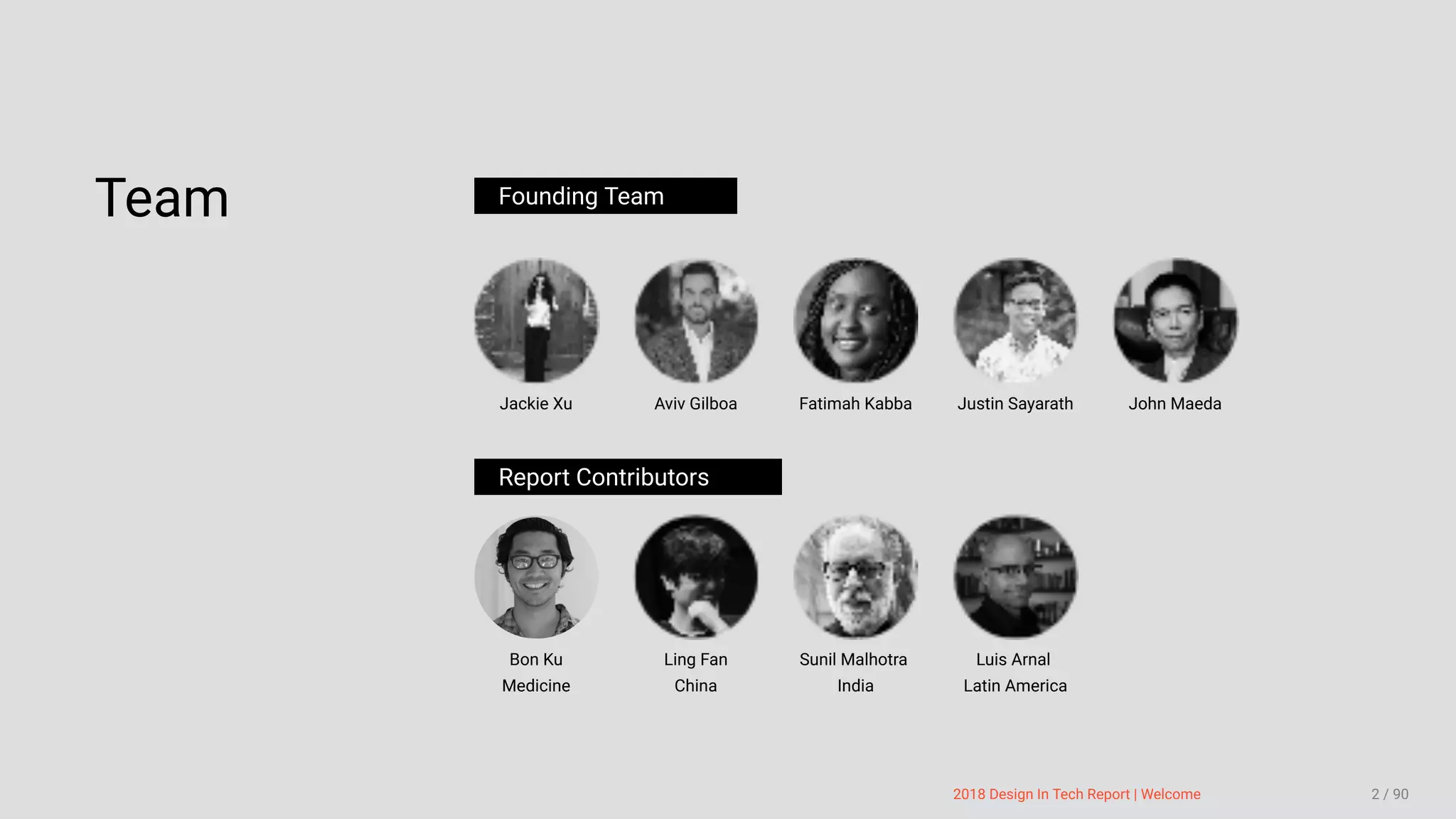 3/10/2018 2018 Design In Tech Report
http://jmmbp001.local:5757/?ckcachecontrol=1520689902#16 2/90
Team Founding Team
Jackie Xu Aviv Gilboa Fatimah Kabba Justin Sayarath John Maeda
Report Contributors
Bon Ku
Medicine
Ling Fan
China
Sunil Malhotra
India
Luis Arnal
Latin America
 
2018 Design In Tech Report | Welcome 2 / 90
 