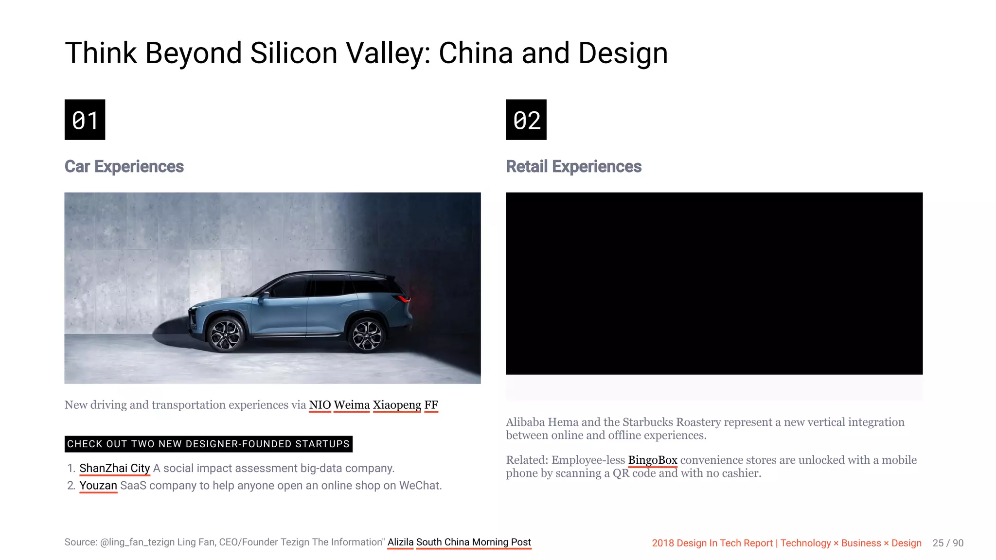 3/10/2018 2018 Design In Tech Report
http://jmmbp001.local:5757/?ckcachecontrol=1520689902#16 25/90
Think Beyond Silicon Valley: China and Design
01
Car Experiences
New driving and transportation experiences via NIO Weima Xiaopeng FF
CHECK OUT TWO NEW DESIGNER-FOUNDED STARTUPS
1. ShanZhai City A social impact assessment big-data company.
2. Youzan SaaS company to help anyone open an online shop on WeChat.
02
Retail Experiences
Alibaba Hema and the Starbucks Roastery represent a new vertical integration
between online and offline experiences.
Related: Employee-less BingoBox convenience stores are unlocked with a mobile
phone by scanning a QR code and with no cashier.
Source: @ling_fan_tezign Ling Fan, CEO/Founder Tezign The Information" Alizila South China Morning Post 2018 Design In Tech Report | Technology × Business × Design 25 / 90
 