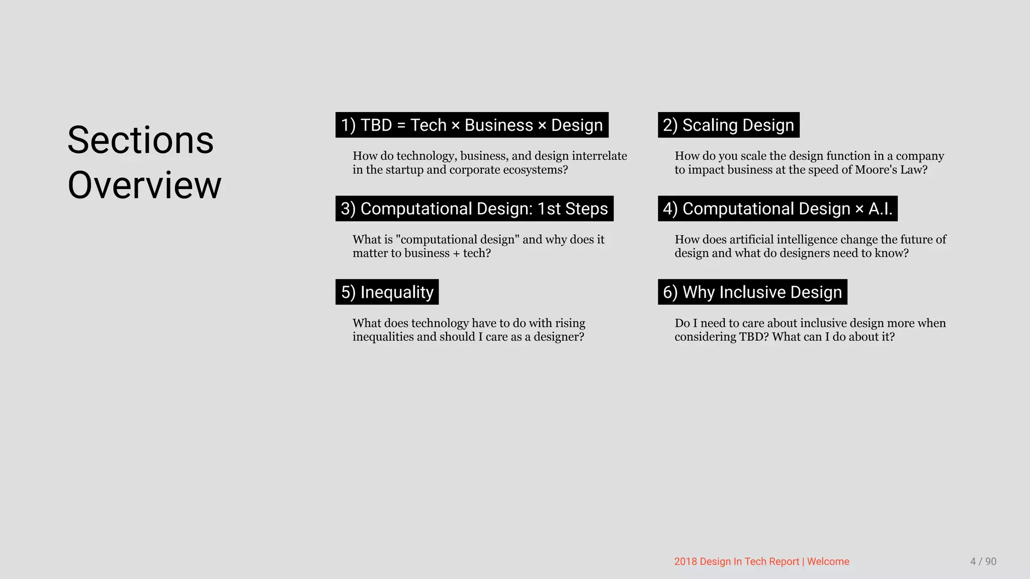 3/10/2018 2018 Design In Tech Report
http://jmmbp001.local:5757/?ckcachecontrol=1520689902#16 4/90
Sections
Overview
1) TBD = Tech × Business × Design
How do technology, business, and design interrelate
in the startup and corporate ecosystems?
2) Scaling Design
How do you scale the design function in a company
to impact business at the speed of Moore's Law?
3) Computational Design: 1st Steps
What is "computational design" and why does it
matter to business + tech?
4) Computational Design × A.I.
How does artificial intelligence change the future of
design and what do designers need to know?
5) Inequality
What does technology have to do with rising
inequalities and should I care as a designer?
6) Why Inclusive Design
Do I need to care about inclusive design more when
considering TBD? What can I do about it?
 
2018 Design In Tech Report | Welcome 4 / 90
 