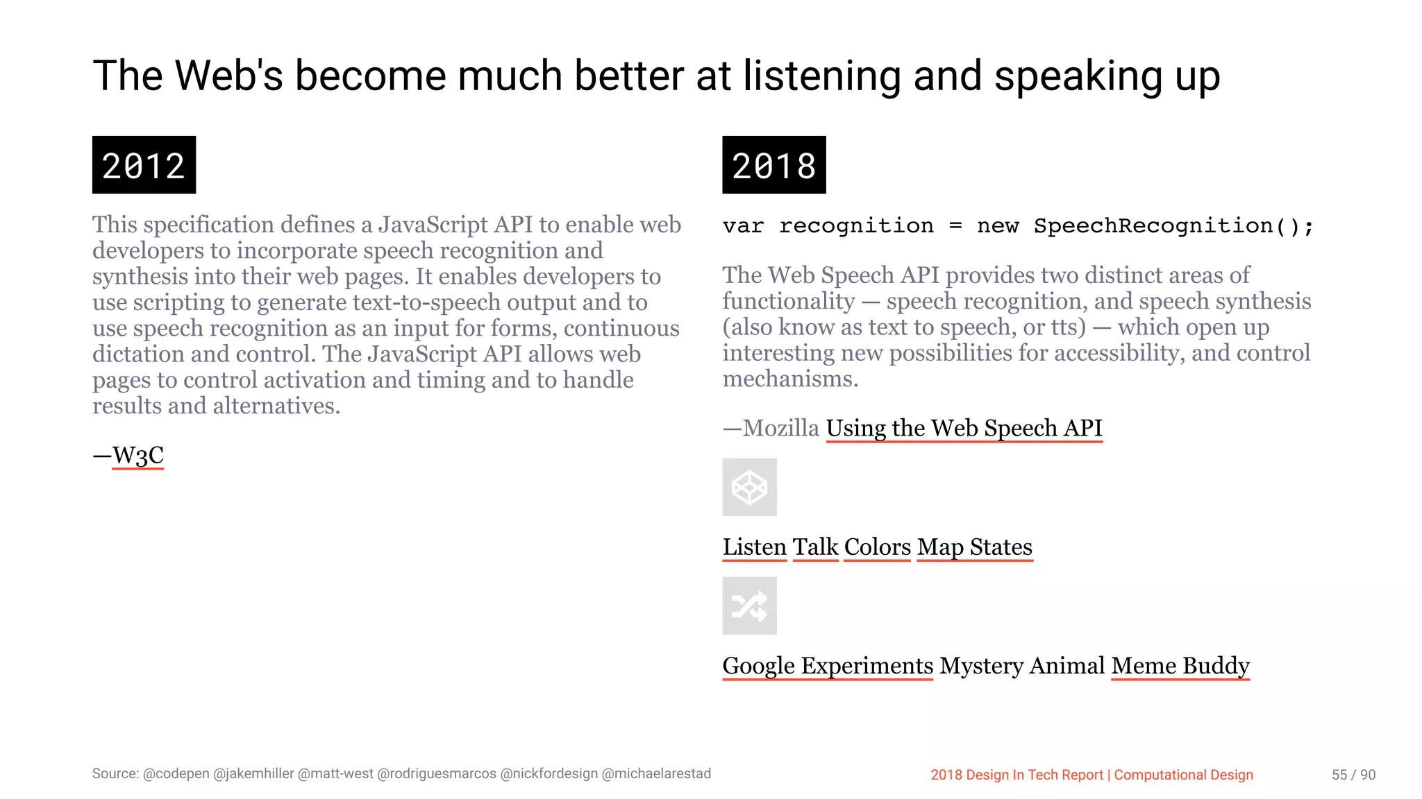 3/10/2018 2018 Design In Tech Report
http://jmmbp001.local:5757/?ckcachecontrol=1520689902#16 55/90
The Web's become much better at listening and speaking up
2012
This specification defines a JavaScript API to enable web
developers to incorporate speech recognition and
synthesis into their web pages. It enables developers to
use scripting to generate text-to-speech output and to
use speech recognition as an input for forms, continuous
dictation and control. The JavaScript API allows web
pages to control activation and timing and to handle
results and alternatives.
—W3C
2018
var recognition = new SpeechRecognition();
The Web Speech API provides two distinct areas of
functionality — speech recognition, and speech synthesis
(also know as text to speech, or tts) — which open up
interesting new possibilities for accessibility, and control
mechanisms.
—Mozilla Using the Web Speech API
Listen Talk Colors Map States
Google Experiments Mystery Animal Meme Buddy
Source: @codepen @jakemhiller @matt-west @rodriguesmarcos @nickfordesign @michaelarestad 2018 Design In Tech Report | Computational Design 55 / 90
 