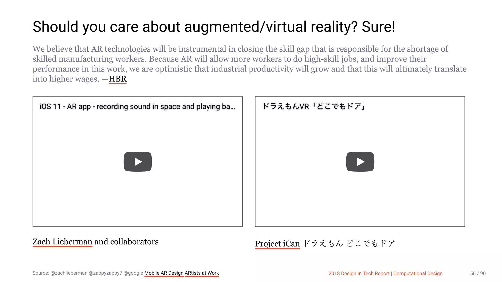 3/10/2018 2018 Design In Tech Report
http://jmmbp001.local:5757/?ckcachecontrol=1520689902#16 56/90
Should you care about augmented/virtual reality? Sure!
We believe that AR technologies will be instrumental in closing the skill gap that is responsible for the shortage of
skilled manufacturing workers. Because AR will allow more workers to do high-skill jobs, and improve their
performance in this work, we are optimistic that industrial productivity will grow and that this will ultimately translate
into higher wages. —HBR
iOS 11 - AR app - recording sound in space and playing ba…
Zach Lieberman and collaborators
VR
Project iCan
Source: @zachlieberman @zappyzappy7 @google Mobile AR Design ARtists at Work 2018 Design In Tech Report | Computational Design 56 / 90
 