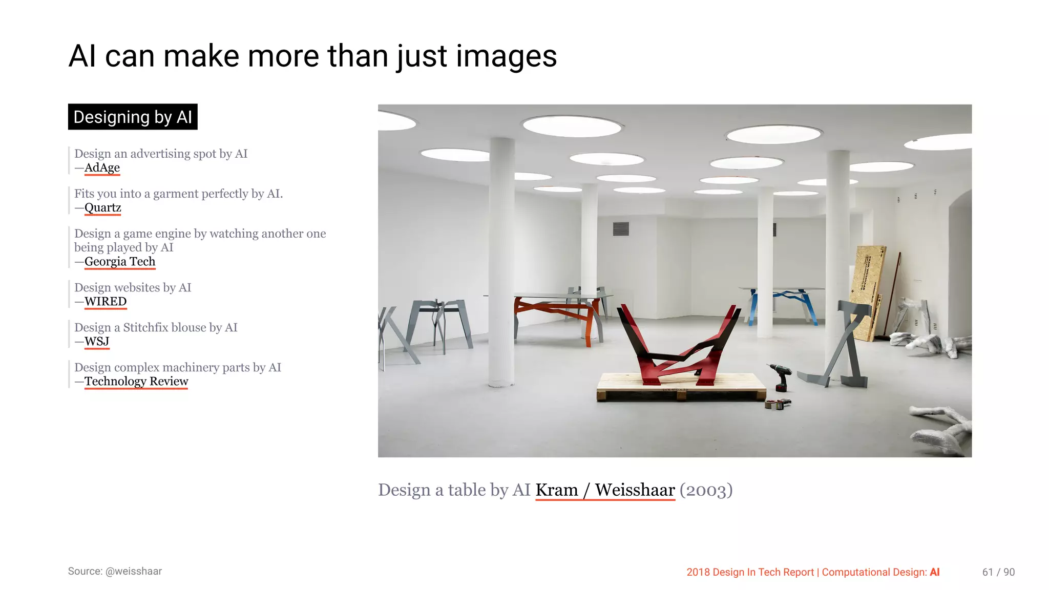 3/10/2018 2018 Design In Tech Report
http://jmmbp001.local:5757/?ckcachecontrol=1520689902#16 61/90
AI can make more than just images
Designing by AI
Design an advertising spot by AI
—AdAge
Fits you into a garment perfectly by AI.
—Quartz
Design a game engine by watching another one
being played by AI
—Georgia Tech
Design websites by AI
—WIRED
Design a Stitchfix blouse by AI
—WSJ
Design complex machinery parts by AI
—Technology Review
Design a table by AI Kram / Weisshaar (2003)
Source: @weisshaar 2018 Design In Tech Report | Computational Design: AI 61 / 90
 