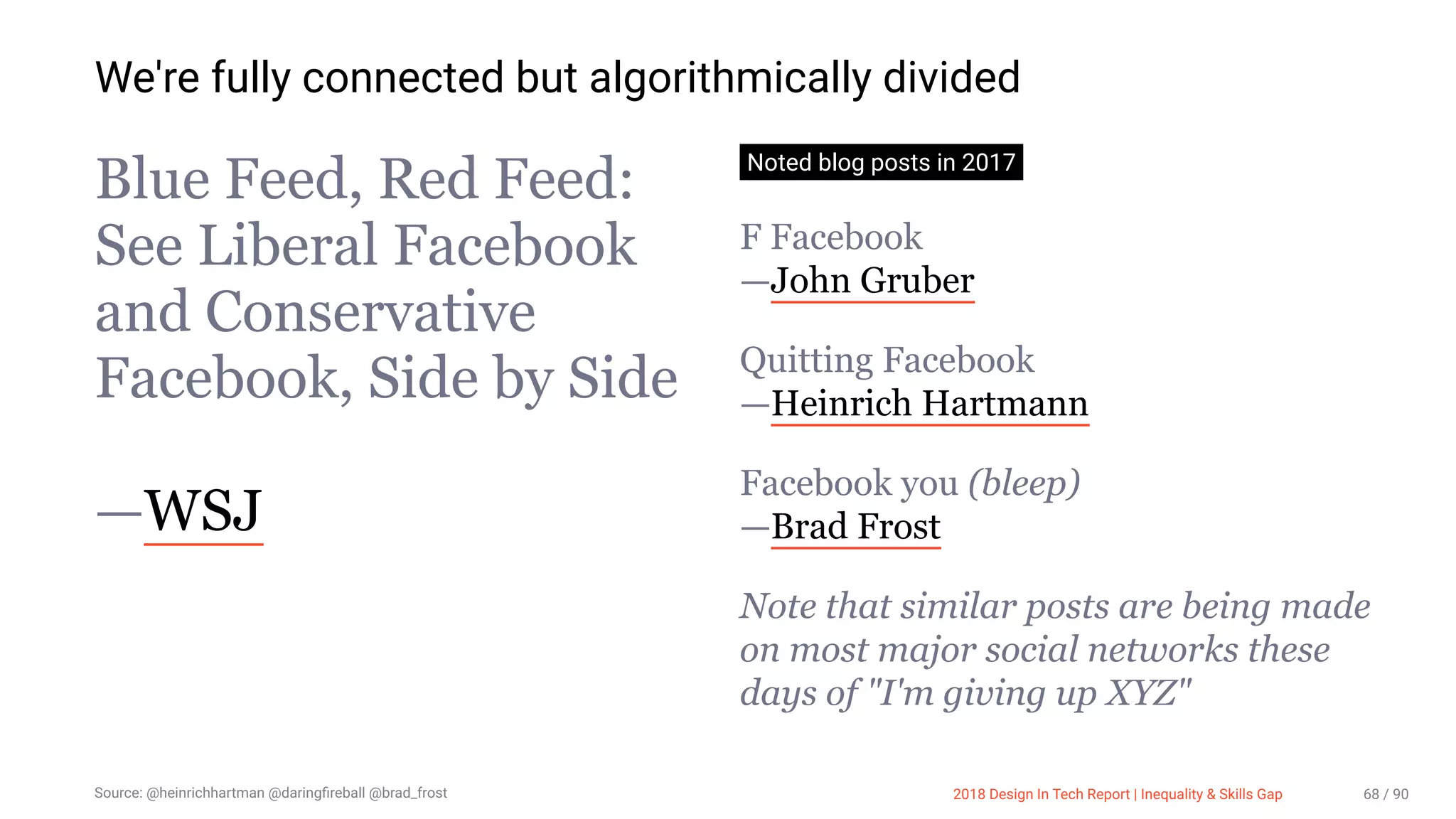 3/10/2018 2018 Design In Tech Report
http://jmmbp001.local:5757/?ckcachecontrol=1520689902#16 68/90
We're fully connected but algorithmically divided
Blue Feed, Red Feed:
See Liberal Facebook
and Conservative
Facebook, Side by Side
—WSJ
Noted blog posts in 2017
F Facebook
—John Gruber
Quitting Facebook
—Heinrich Hartmann
Facebook you (bleep)
—Brad Frost
Note that similar posts are being made
on most major social networks these
days of "I'm giving up XYZ"
Source: @heinrichhartman @daringﬁreball @brad_frost 2018 Design In Tech Report | Inequality & Skills Gap 68 / 90
 