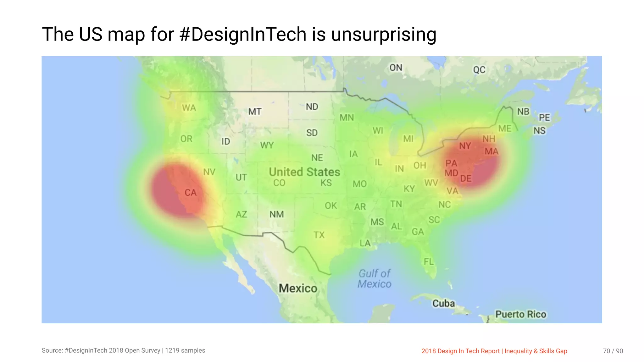 3/10/2018 2018 Design In Tech Report
http://jmmbp001.local:5757/?ckcachecontrol=1520689902#16 70/90
The US map for #DesignInTech is unsurprising
Source: #DesignInTech 2018 Open Survey | 1219 samples 2018 Design In Tech Report | Inequality & Skills Gap 70 / 90
 