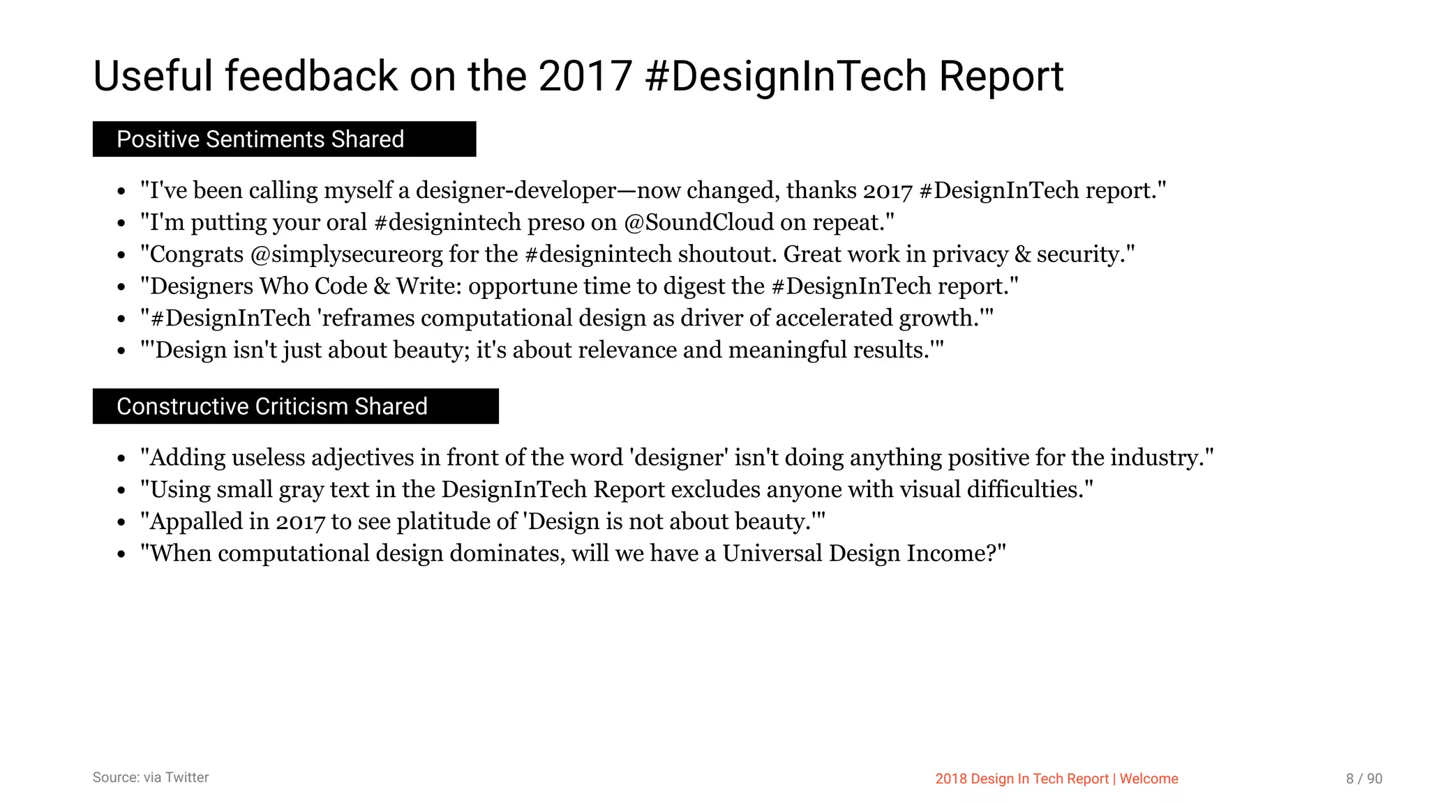 3/10/2018 2018 Design In Tech Report
http://jmmbp001.local:5757/?ckcachecontrol=1520689902#16 8/90
Useful feedback on the 2017 #DesignInTech Report
Positive Sentiments Shared
"I've been calling myself a designer-developer—now changed, thanks 2017 #DesignInTech report."
"I'm putting your oral #designintech preso on @SoundCloud on repeat."
"Congrats @simplysecureorg for the #designintech shoutout. Great work in privacy & security."
"Designers Who Code & Write: opportune time to digest the #DesignInTech report."
"#DesignInTech 'reframes computational design as driver of accelerated growth.'"
"'Design isn't just about beauty; it's about relevance and meaningful results.'"
Constructive Criticism Shared
"Adding useless adjectives in front of the word 'designer' isn't doing anything positive for the industry."
"Using small gray text in the DesignInTech Report excludes anyone with visual difficulties."
"Appalled in 2017 to see platitude of 'Design is not about beauty.'"
"When computational design dominates, will we have a Universal Design Income?"
Source: via Twitter 2018 Design In Tech Report | Welcome 8 / 90
 