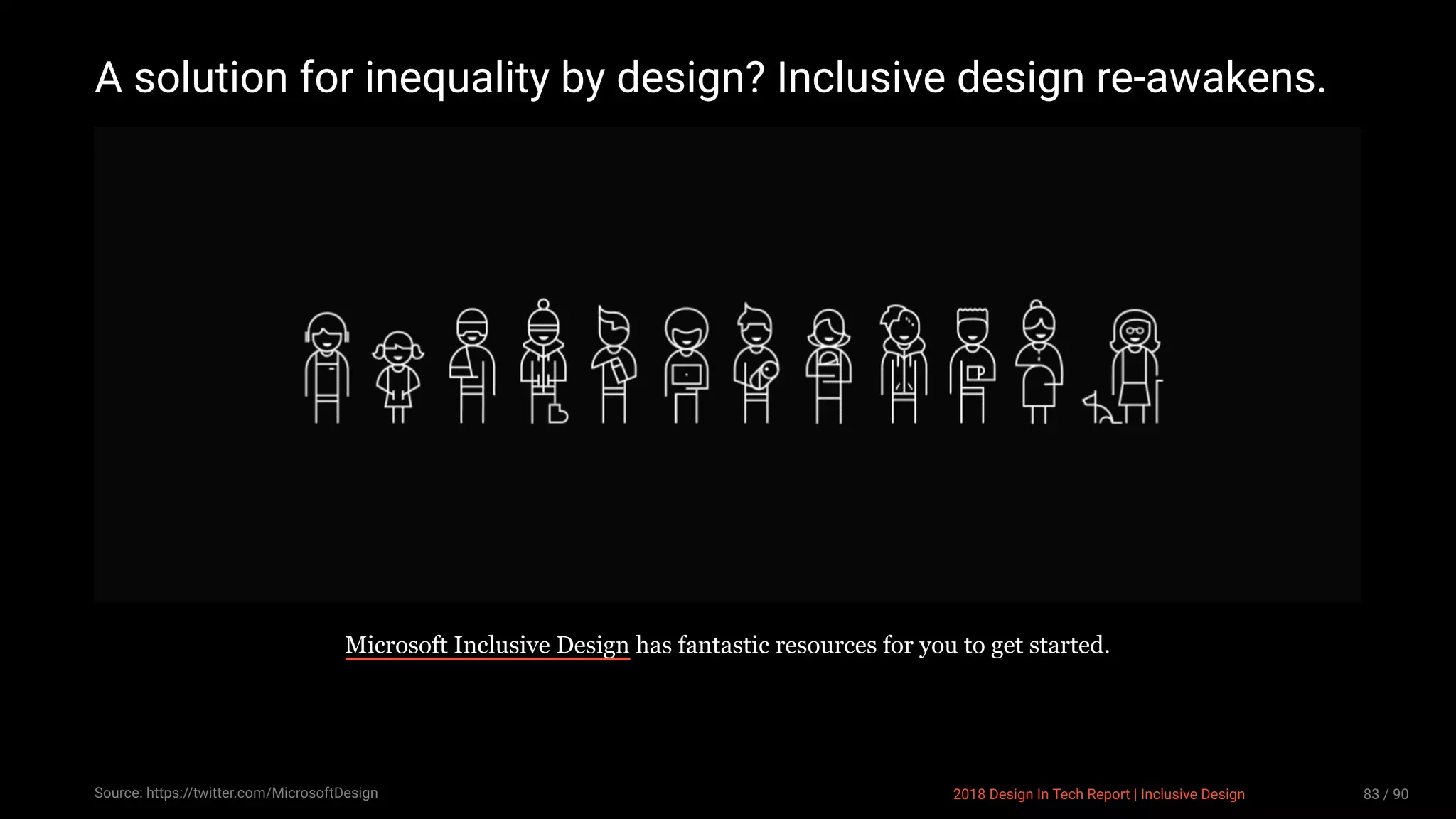 3/10/2018 2018 Design In Tech Report
http://jmmbp001.local:5757/?ckcachecontrol=1520689902#16 83/90
A solution for inequality by design? Inclusive design re-awakens.
Microsoft Inclusive Design has fantastic resources for you to get started.
Source: https://twitter.com/MicrosoftDesign 2018 Design In Tech Report | Inclusive Design 83 / 90
 