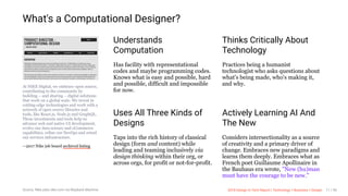 3/10/2018 2018 Design In Tech Report
http://jmmbp001.local:5757/?ckcachecontrol=1520689902#16 11/90
At NIKE Digital, we embrace open source,
contributing to the community by
building – and sharing – digital solutions
that work on a global scale. We invest in
cutting-edge technologies and work with a
network of open source libraries and
tools, like React.js, Node.js and GraphQL.
These investments and tools help us
advance web and native UI development,
evolve our data science and eCommerce
capabilities, refine our DevOps and retool
our services infrastructure.
—2017 Nike job board archived listing
Understands
Computation
Has facility with representational
codes and maybe programming codes.
Knows what is easy and possible, hard
and possible, difficult and impossible
for now.
Thinks Critically About
Technology
Practices being a humanist
technologist who asks questions about
what's being made, who's making it,
and why.
Uses All Three Kinds of
Designs
Taps into the rich history of classical
design (form and content) while
leading and teaming inclusively via
design thinking within their org, or
across orgs, for profit or not-for-profit.
Actively Learning AI And
The New
Considers intersectionality as a source
of creativity and a primary driver of
change. Embraces new paradigms and
learns them deeply. Embraces what as
French poet Guillaume Apollinaire in
the Bauhaus era wrote, "New (hu)man
must have the courage to be new."
What's a Computational Designer?
Source: Nike jobs.nike.com via Wayback Machine 2018 Design In Tech Report | Technology × Business × Design 11 / 90
 