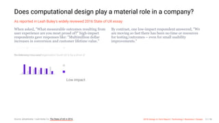 3/10/2018 2018 Design In Tech Report
http://jmmbp001.local:5757/?ckcachecontrol=1520689902#16 12/90
Does computational design play a material role in a company?
As reported in Leah Buley's widely reviewed 2016 State of UX essay:
When asked, "What measurable outcomes resulting from
user experience are you most proud of?" high-impact
respondents gave responses like: "Multimillion dollar
increases in conversion and customer lifetime value."
By contrast, one low-impact respondent answered, "We
are moving so fast there has been no time or resources
for testing/outcomes – even for small usability
improvements."
Leah Buley Co. State of UX 2016 Survey
To what extent has your organization found UX to be a driver ofthe following measures?
Low impact
Source: @leahbuley / Leah Buley Co. The State of UX in 2016 2018 Design In Tech Report | Technology × Business × Design 12 / 90
 