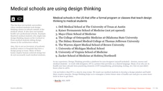 3/10/2018 2018 Design In Tech Report
http://jmmbp001.local:5757/?ckcachecontrol=1520689902#16 17/90
This list does not include universities
where medical students took design
thinking classes in schools outside of the
medical school. It also does not include
health care professional schools. Example:
Stanford medical students who might take
design thinking classes at the d.school or
Penn medical students taking design
classes in the architecture school.
Also, this is not an inventory of academic
medical centers or hospitals that have a
design group or team. Many of these
teams employ human centered design but
do not necessarily teach medical students.
Medical schools in the US that offer a formal program or classes that teach design
thinking to medical students
1. Dell Medical School at The University of Texas at Austin
2. Kaiser Permanente School of Medicine (not yet opened)
3. Mayo Clinic School of Medicine
4. The College of Osteopathic Medicine at Oklahoma State University
5. The Sidney Kimmel Medical College at Thomas Jefferson University
6. The Warren Alpert Medical School of Brown University
7. University of Michigan Medical School
8. University of Virginia School of Medicine
9. Zucker School of Medicine at Hofstra/Northwell
In my experience, Design Thinking provides a platform for non-designers (myself included) - doctors, nurses and
medical students - to work with designers. DT is a primer that provides us a shared language. Many of us who are in
health care have already been practicing elements of DT (empathizing, prototyping, testing, etc.) but we just didn't
know what to call it.
I do not believe that DT is a step by step recipe. We teach our medical students to develop a design mindset and build
their creative muscles. Design thinking helps us to reimagine a better future state of health care and give us some more
tools in how to get there.
—Bon Ku, MD, MPP
Medical schools are using design thinking
Source: @bonku 2018 Design In Tech Report | Technology × Business × Design 17 / 90
 